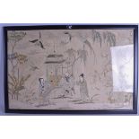 A LATE 19TH CENTURY CHINESE FRAMED SILKWORK PANEL OF FIGURES depicted in various pursuits within lan