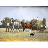 RICHARD SIMM (born 1926) FRAMED OIL ON COPPER PANEL, figures loading hay in a a landscape, signed 11