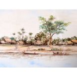 ASIAN SCHOOL (early 20th century) UNFRAMED WATERCOLOUR, figures on boats in a river landscape. 14.5