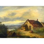 BRITISH SCHOOL (early 20th century) FRAMED OIL ON PANEL, figures beside a cottage in a river lands