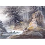 GERMAN SCHOOL (19th century) FRAMED WATERCOLOUR, a male fishing off the rocks in a landscape. 12 cm