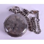 A LARGE 19TH CENTURY SILVER POCKET WATCH with attached silver chain. 5.75 cm wide.