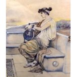 GREEK SCHOOL (early 20th century) FRAMED WATERCOLOUR, a seated female holding a lire, signed. 24 cm