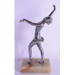 A 1920S FRENCH CHROME FIGURE OF A DECO FEMALE modelled upon an onyx base. 23 cm high.