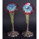 A PAIR OF WEBB STYLE VICTORIAN GLASS POSY VASES upon acanthus capped silver plated bases. 22 cm high