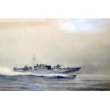 COMMANDER ERIC TUFNELL RN (1888-1979) FRAMED WATERCOLOUR, a gunboat in a seascape, signed.23.5 cm x