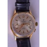 AN 18CT GOLD CLARENZIA ANTI MAGNETIC CHRONOGRAPH WRIST WATCH. 3.5 cm wide.