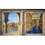 ITALIAN SCHOOL (20th century) FRAMED PAIR OIL ON BOARD, canal scenes. 60 cm x 50 cm.