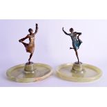 A STYLISH PAIR OF ART DECO COLD PAINTED BRONZE FIGURAL DISHES in the manner of Ferdinand Preiss, mod