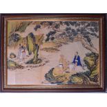 A LARGE 19TH CENTURY CHINESE PAINTED SILK WATERCOLOUR depicting scholars seated within landscapes. S