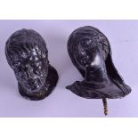 TWO 19TH CENTURY CONTINENTAL SPELTER BUSTS. 13 cm x 8 cm.