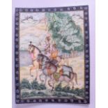 A 19TH CENTURY INDIAN PERSIAN PAINTED IVORY PLAQUE depicting three figures on horseback. 10 cm x 14