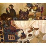 CHINESE SCHOOL (20th century) UNFRAMED OIL ON CANVAS, a dog beside two monkeys in amusing scenes. 11