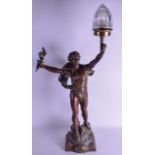 A LARGE EARLY 20TH CENTURY FRENCH SPELTER FIGURAL LAMP entitled Primax. 86 cm x 40 cm.