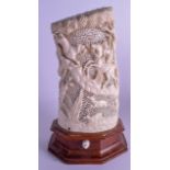 A FINE LARGE EARLY 20TH CENTURY ANGLO INDIAN CARVED IVORY VASE AND COVER C1920 converted to a lamp,