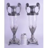 A LARGE PAIR OF ART NOUVEAU GERMAN TWIN HANDLED VASES by WMF, with scrolling foliate handles. 45 cm