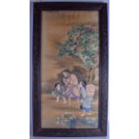 A 19TH CENTURY CHINESE WATERCOLOUR contained within a hongmu frame, painted with figures within land