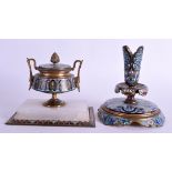 A 19TH CENTURY FRENCH CHAMPLEVE ENAMEL BRONZE CANDLESTICK together with a champleve inkwell. 12 cm x