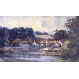 MANNER OF LAMORNA BIRCH (1869-1955) FRAMED WATERCOLOUR, a village in a river landscape. 24.5 cm x 35