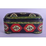 A TURKISH MIDDLE EASTERN ENAMELLED COPPER PEN BOX AND COVER decorated with Kufic script. 23 cm x 11