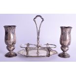 A PAIR OF EARLY 20TH CENTURY CONTINENTAL SILVER VASES together with a silver cruet. 10.7 oz. (3)