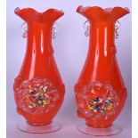 AN UNUSUAL PAIR OF EARLY 20TH CENTURY STEVENS & WILLIAMS ORANGE GROUND MILLIFIORE TYPE VASE, twin ha