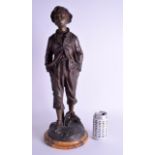 A LARGE EARLY 20TH CENTURY FRENCH SPELTER AND MARBLE FIGURE OF A BOY modelled whistling. 54 cm high.