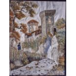 A MID 19TH CENTURY FRAME EMBROIDERED WOOL WORK PANEL depicting a figure standing within a landscape.
