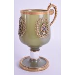 AN UNUSUAL RUSSIAN SILVER GILT AND NEPHRITE CUP. 12.5 cm high.