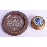 A MIDDLE EASTERN SILVER INLAID DISH together with a mosaic box and cover. (2)