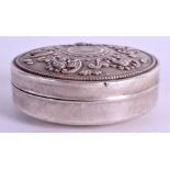 A CHINESE WHITE METAL BOX AND COVER. 8 cm diameter.