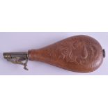 A LEATHER POWDER FLASK. 22 cm long.