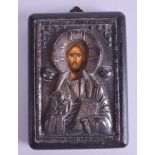 A RUSSIAN SILVER ICON. 8 cm x 8 cm.