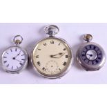 THREE SILVER POCKET WATCHES. Largest 4.5 cm wide. (3)