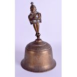 A 19TH CENTURY INDIAN BRONZE BELL with monkey handle. 26 cm high.