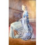 S CROSBEE (British) FRAMED WATERCOLOUR, a seated female in a blue dress, signed. 55 cm x 36 cm.