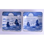 A PAIR OF 18TH CENTURY JAPANESE EDO PERIOD BLUE AND WHITE DISHES painted with a sunrise. 17 cm squa