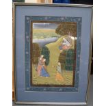 AN EARLY 20TH CENTURY INDIAN GOUACHE ON SILK PAINTING, depicting a God embracing a female in a land