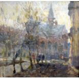 CIRCLE OF KONSTANTIN KOROVIN (1861-1939) FRAMED OIL IMPRESSIONIST, street scene, unsigned. 26 cm x