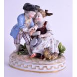 A LATE 19TH CENTURY VOLKSTEDT FIGURE OF MALE AND FEMALE modelled playing pipes. 12 cm x 14 cm.