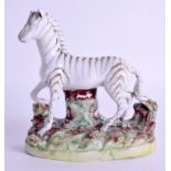 A 19TH CENTURY STAFFORDSHIRE FIGURE OF A ZEBRA possibly Parr Kent pottery. 12 cm high.