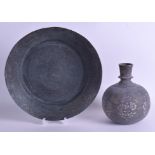 A 19TH CENTURY INDIAN PERSIAN BIDRI WARE BULBOUS VASE together with an early Islamic dish. Vase 20