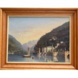 A 19TH CENTURY CONTINENTAL OIL ON CANVAS depicting a mountainous riviera. 34 cm x 46 cm.