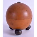 A 19TH CENTURY TREEN FRUITWOOD SPHERICAL BALL STRING HOLDER upon brass feet. 11 cm x 9 cm.