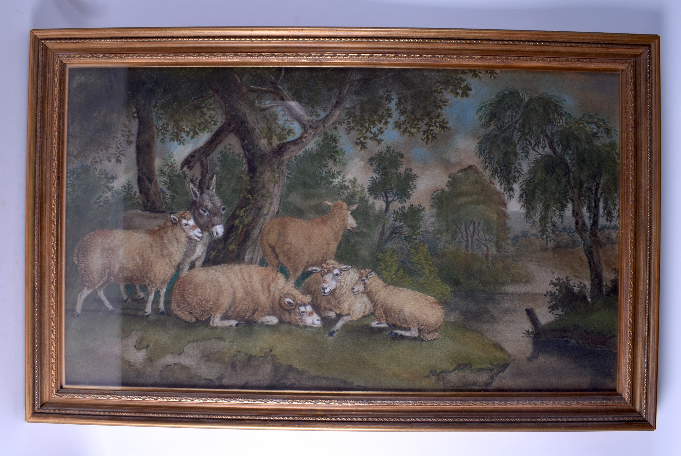 A GOOD 19TH CENTURY GERMAN FRAMED SAND PICTURE Attributed to Benjamin Zoebel, depicting sheep withi