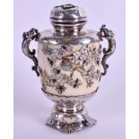 A CHARMING 19TH CENTURY JAPANESE MEIJI PERIOD SILVER AND IVORY VASE shibayma inlaid with birds. 102