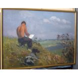 CIRCLE OF FRANK MCKELVEY (1895-1974) FRAMED OIL ON BOARD, a male seated on hillside with his dog, i