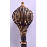 AN UNUSUAL HUNGARIAN STEEL GOLD INLAID MACE decorated with foliage. 45 cm long.