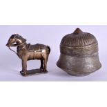 AN 18TH CENTURY INDIAN BRONZE FIGURE OF A HORSE together with a box & cover. 11 cm wide. (2)