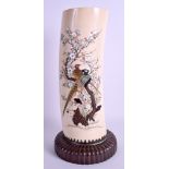 A LARGE 19TH CENTURY JAPANESE MEIJI PERIOD CARVED IVORY SHIBAYMA VASE decorated with birds amongst